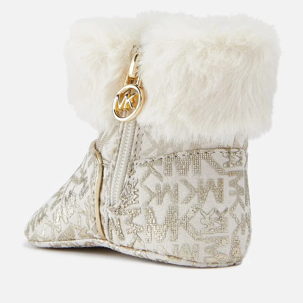 Michael Kors Leydon Boots Babies 1 Cream Gold Logo Print Faux Fur Zipper ZPO3547
